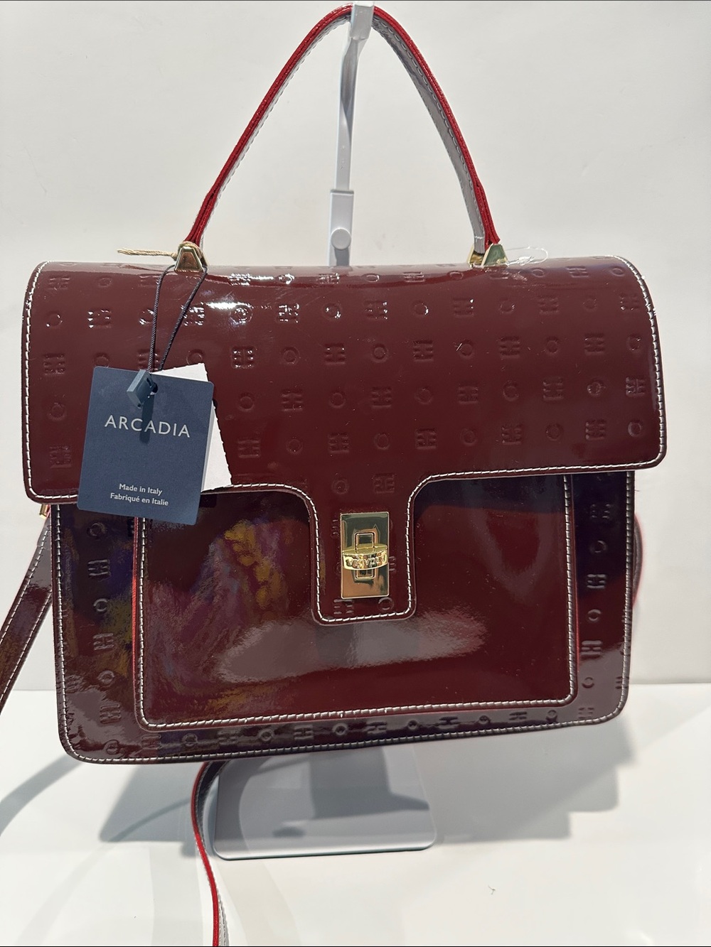 NWT Arcadia Italian Made Embossed Patent Leather Plum Handbag w/Crossbody Strap.